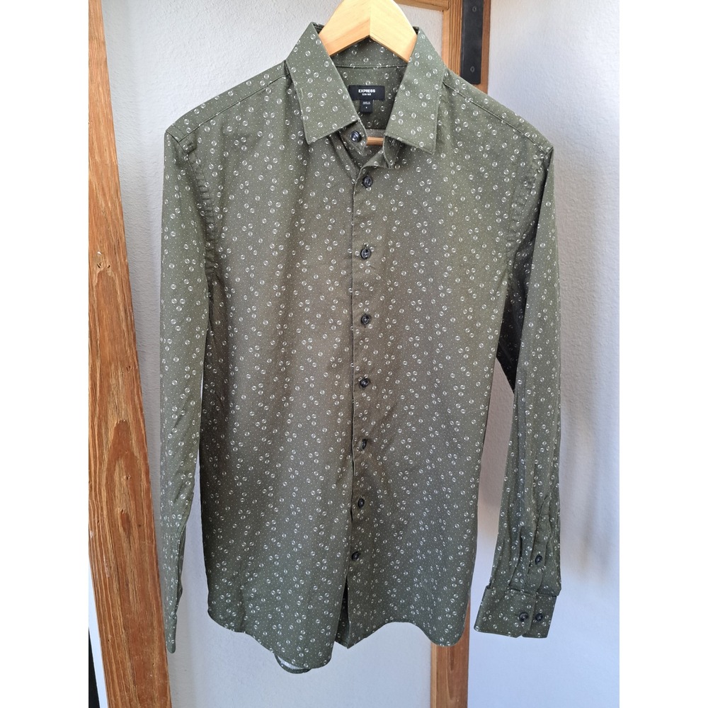 Express Slim 1MX Shirt Mens Small Olive Green White Geometric Circle Print LS
